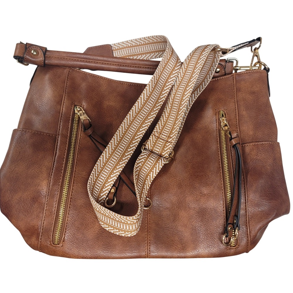 Chase Chic Brown Faux Leather Shoulder Bag Hobo Purse Gold Tone Zipper Accents